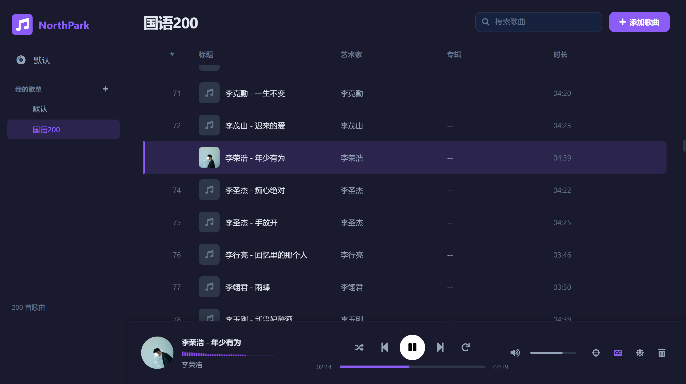 NorthPark Music Player - 深色主题